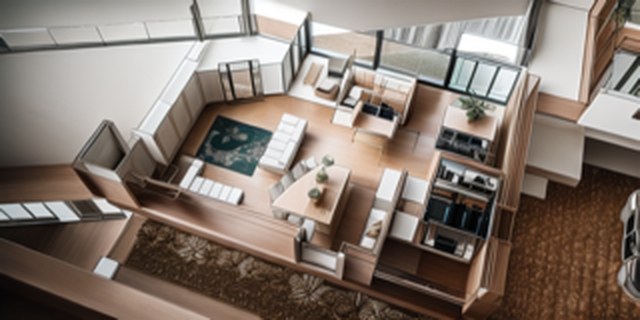 Aerial view of the ground floor layout — living, kitchen and dining
