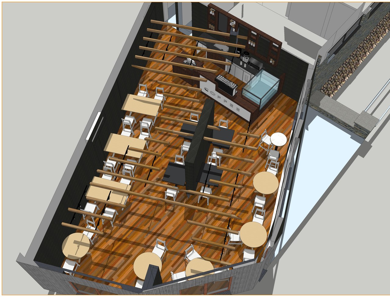 Overhead perspective of the café layout showing coffee bar and full seating capacity