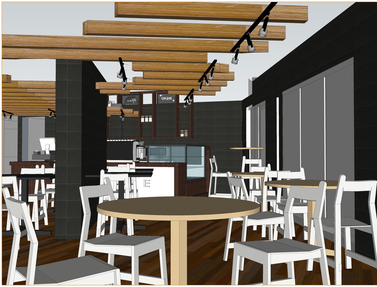 Interior view of the café showing dramatic timber beam ceiling with track lighting