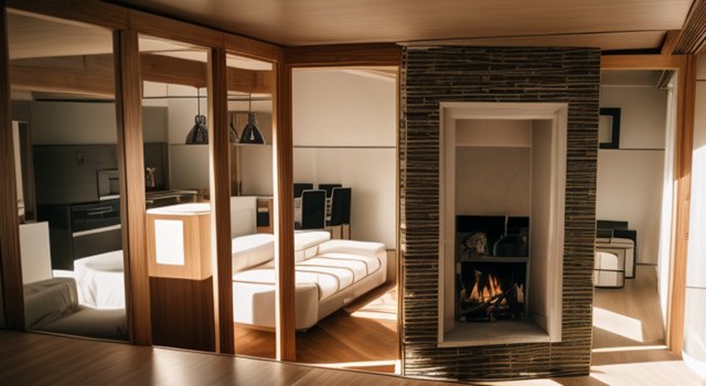 Open-plan living room with fireplace and sliding glazed doors